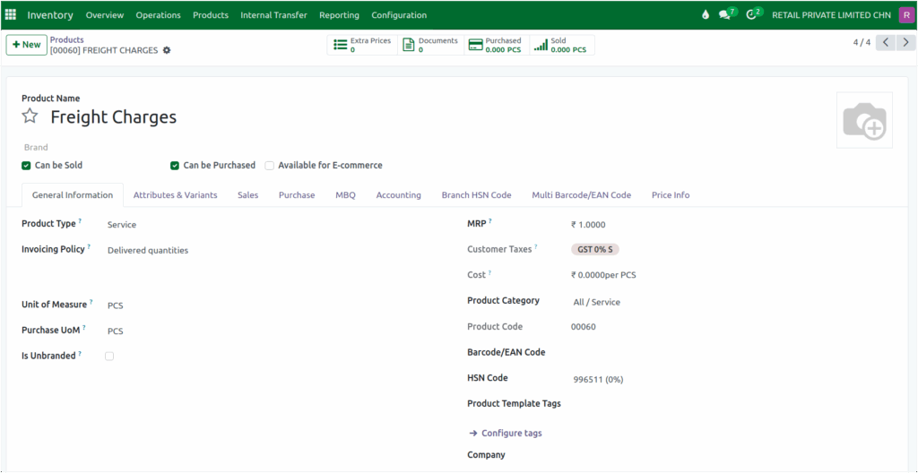 Odoo Inventory Service Product Creation