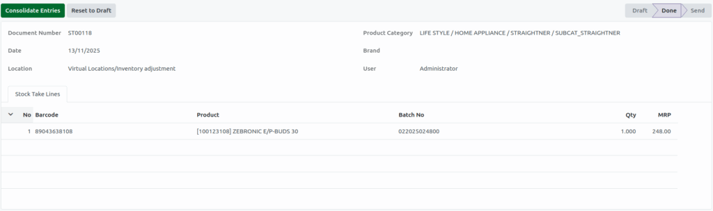 Odoo Inventory StockTake Validate