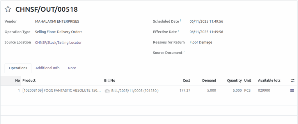 Odoo Inventory Vendor Return Validate