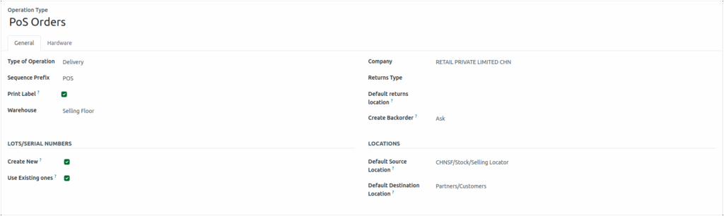 Odoo Operation Type Field