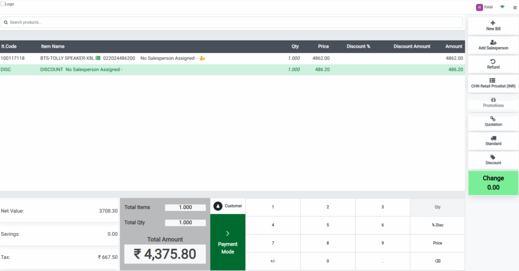 Odoo POS Cart Bill Level Discount