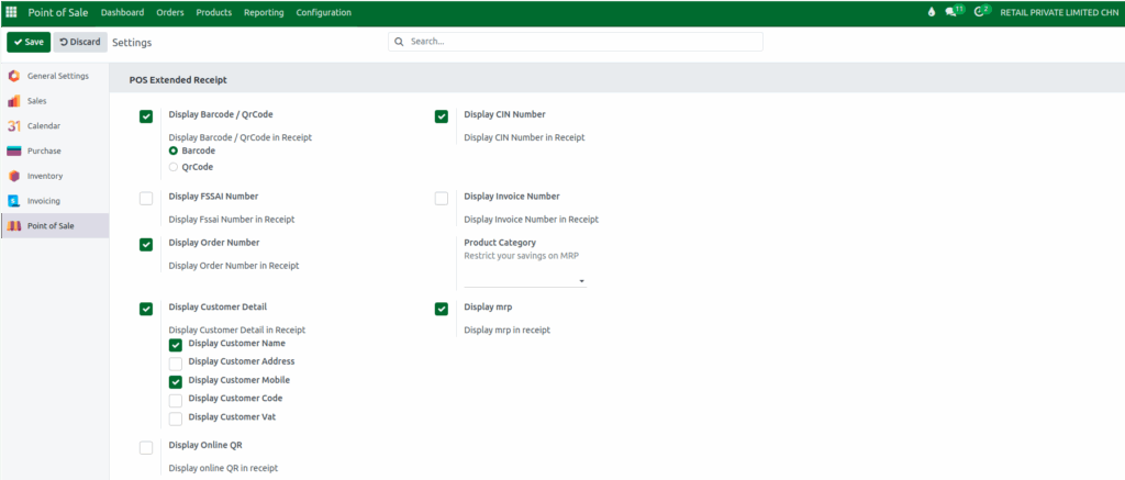 Odoo POS Extended Receipt Settings