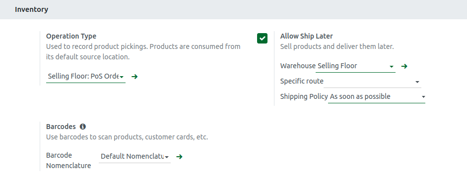 Odoo POS Inventory Setting