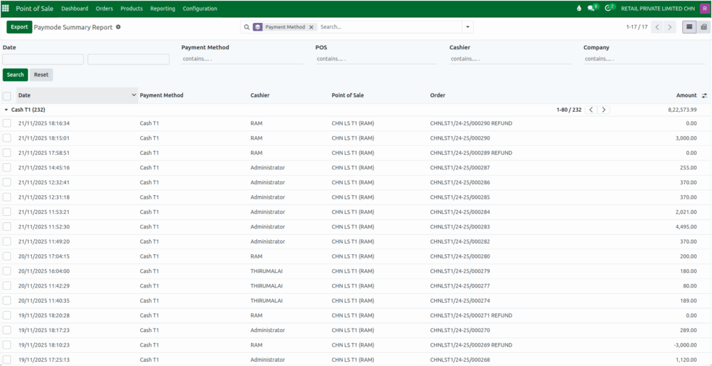 Odoo Paymode Summary Report Details