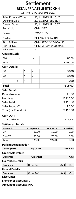 Odoo Point of Sales Settlement Print