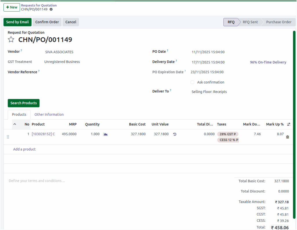 Odoo Purchase Cess Tax