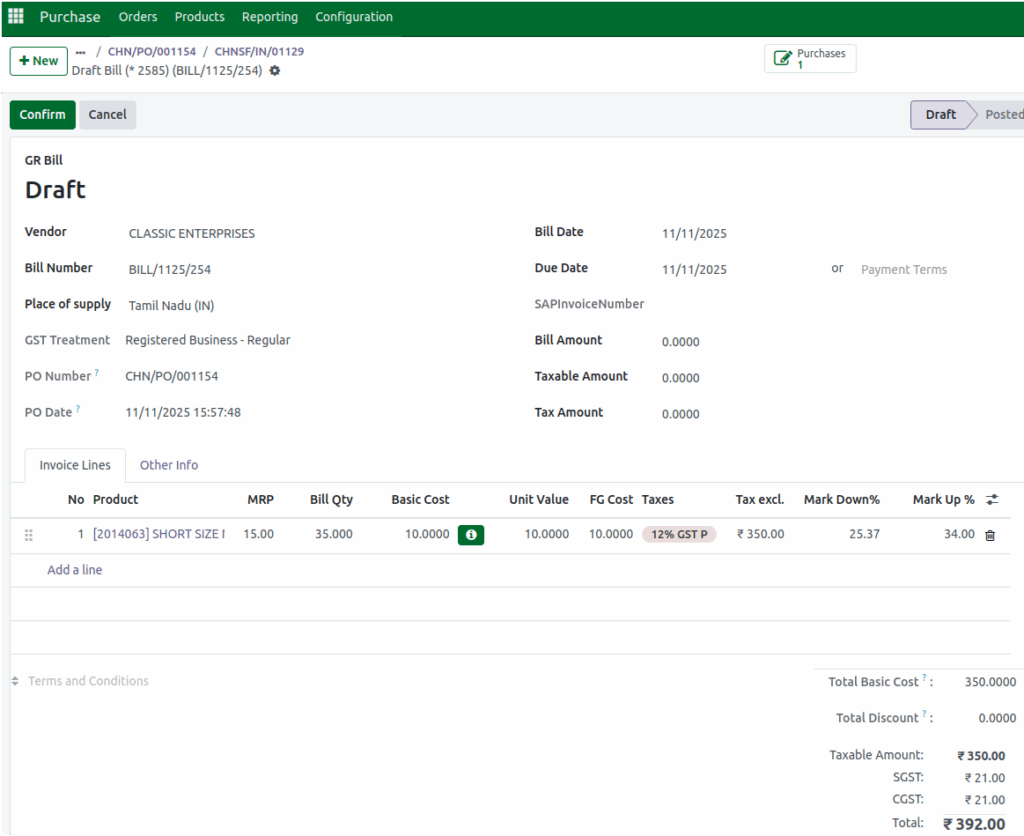 Odoo Purchase Draft GR Bill