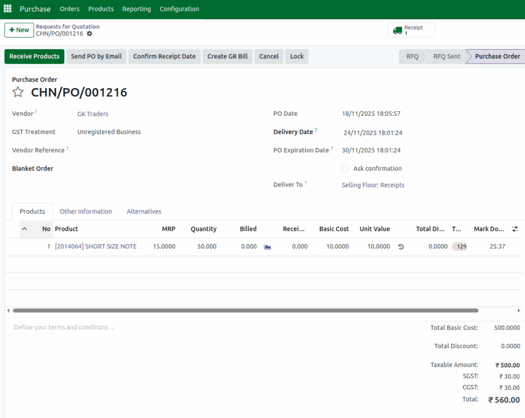 Odoo Purchase Quantity PO Completion
