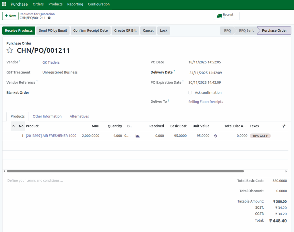 Odoo Purchase Reorder Days PO Completion