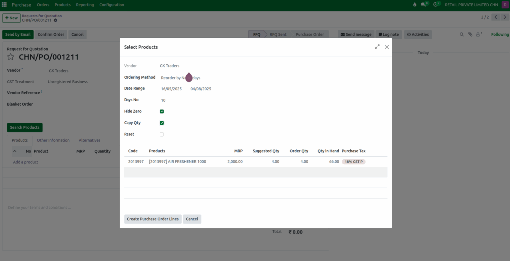 Odoo Purchase Reorder Days Suggested Qty