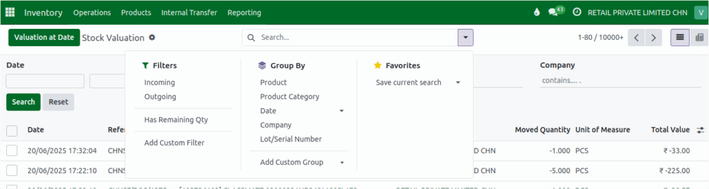 Odoo Report Valuation Search