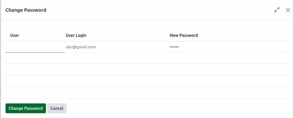 Odoo Settings Users Change Password Screen