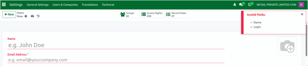 Odoo Settings Users User Details Validation