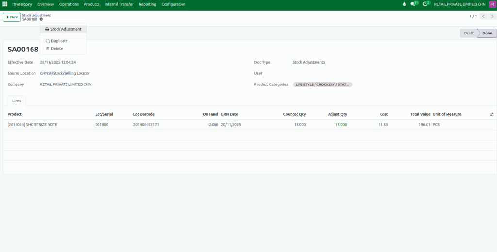 Odoo Stock Adjustment Print Menu
