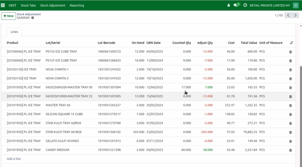Odoo Stock adjustment document