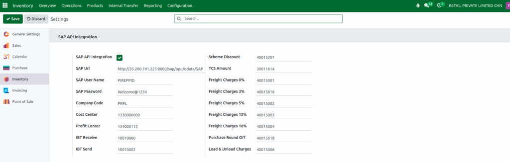Odoo Inventory SAP API Integration Configuration