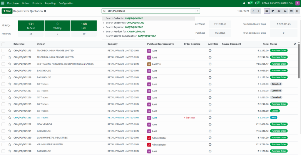 Odoo Purchase  Search Options in the RFQ Screen