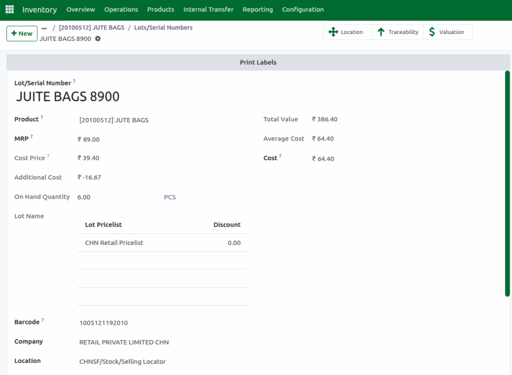 Odoo Inventory Lot and Serial Number Values Updated after Off Claim Invoice for Cash Disc