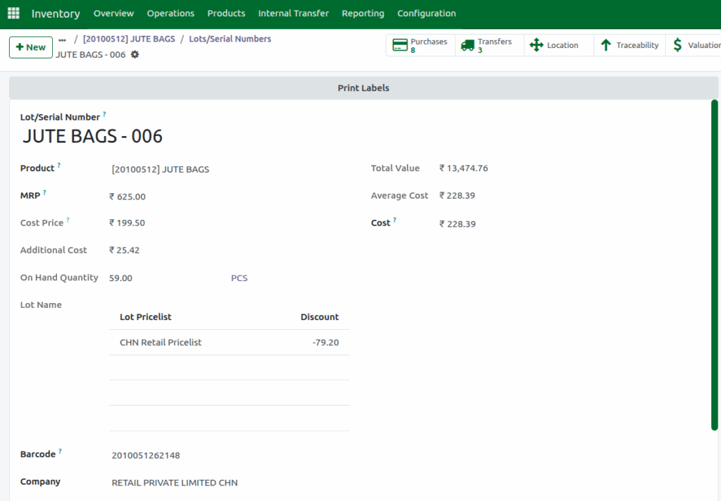 Odoo Inventory Lot and Serial Number  Values Updated after Off Claim Invoice for Freight Charges
