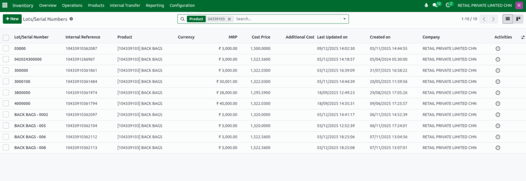 Odoo Inventory Lot and Serial Numbers Search
