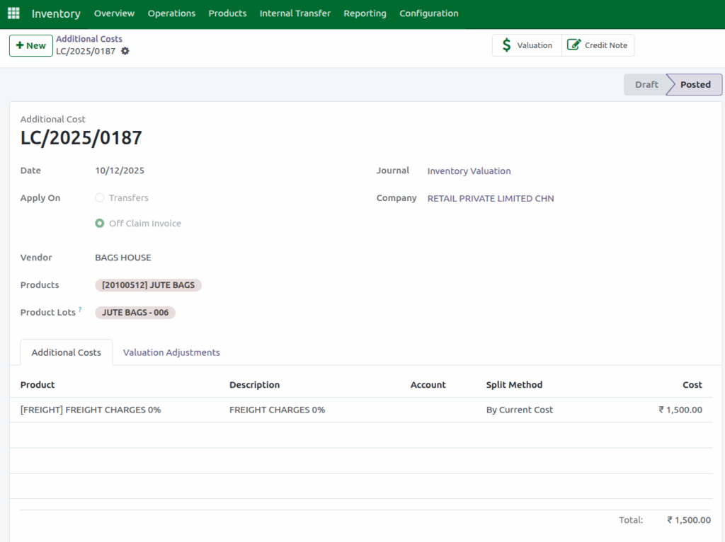 Odoo Inventory Off Claim Invoice Freight Charges Applied