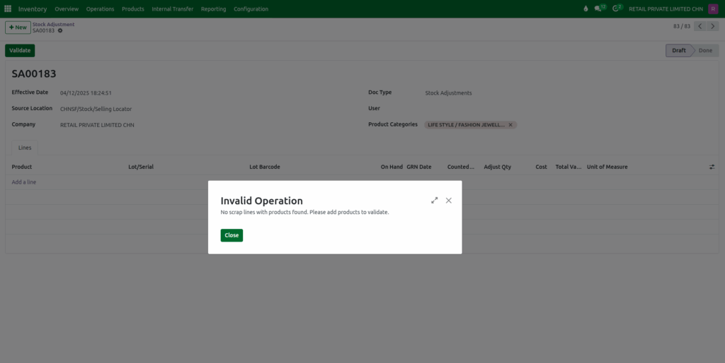 Odoo Inventory Stock Adjustment Product Validation