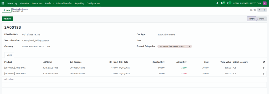 Odoo Inventory Stock Adjustment  Products Added