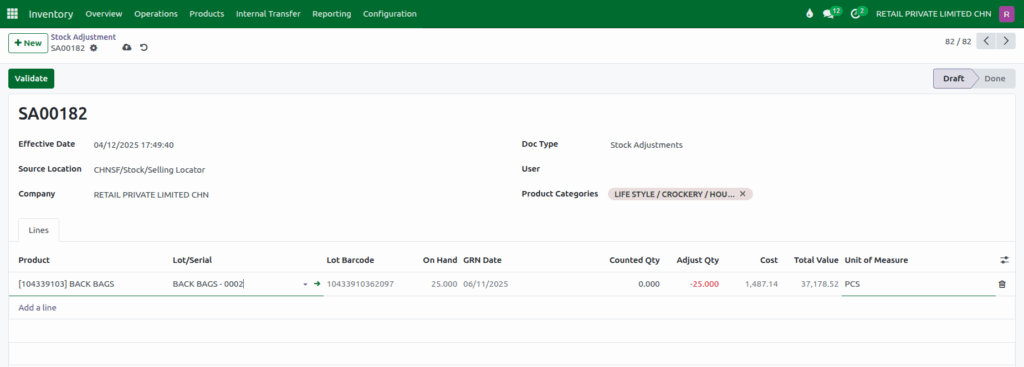Odoo Inventory Stock Adjustment Selection of Lot