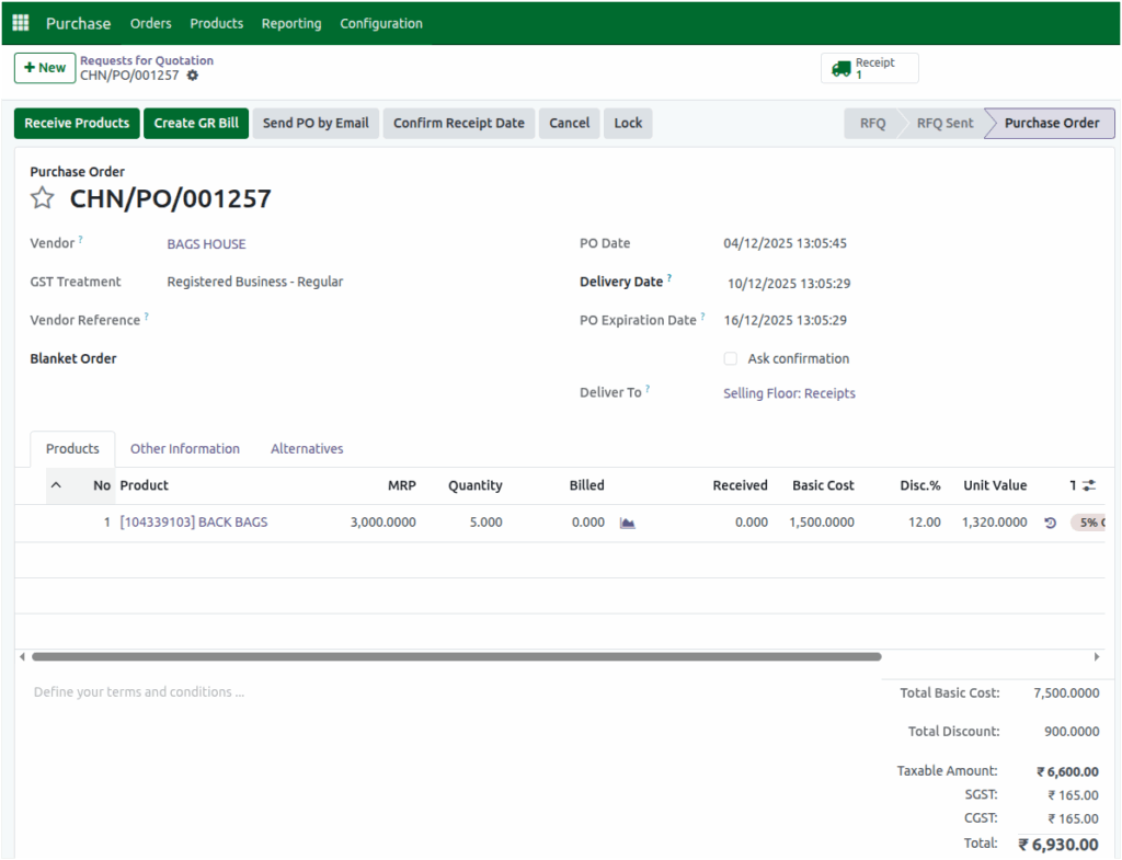 Odoo Purchase Purchase Order Ordered Quanities Enabled