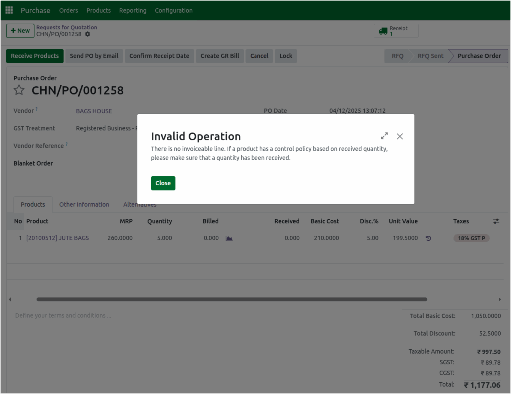 Odoo Purchase Purchase Order Received Quanities Enabled GR Bill Validation