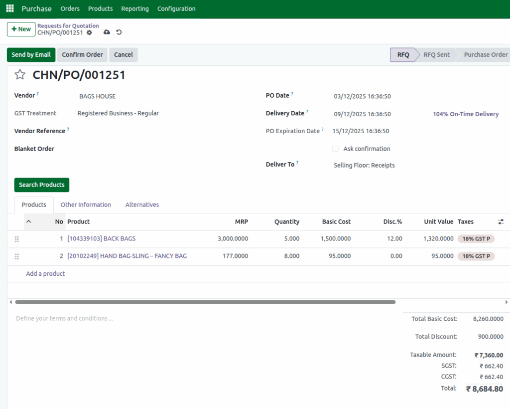 Odoo Purchase RFQ Products added