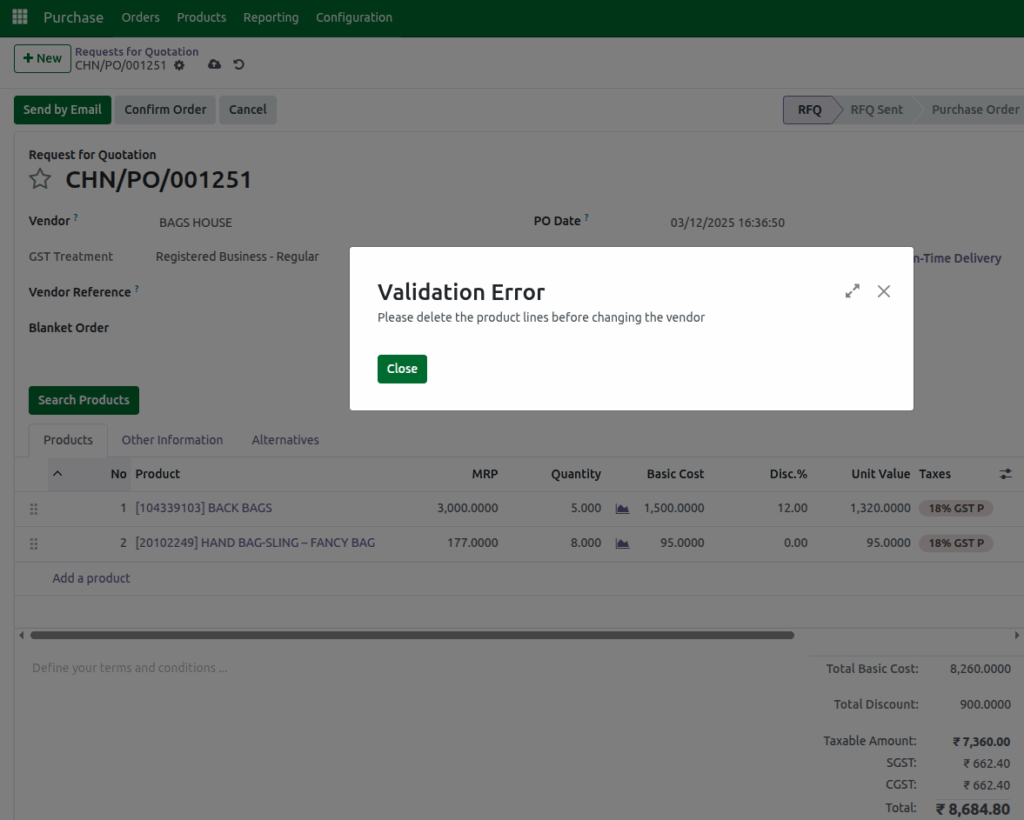 Odoo Purchase RFQ Vendor Change Validation