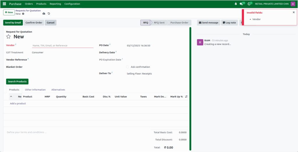 Odoo Purchase RFQ Vendor Mandatory