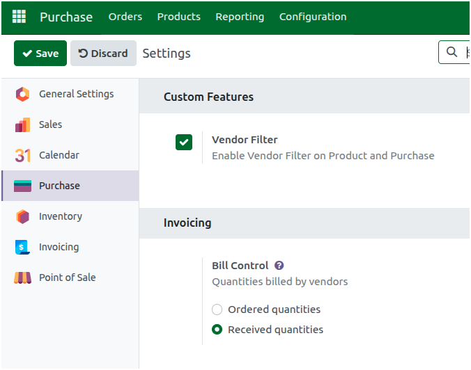 Odoo Purchase Settings Vendor Filter