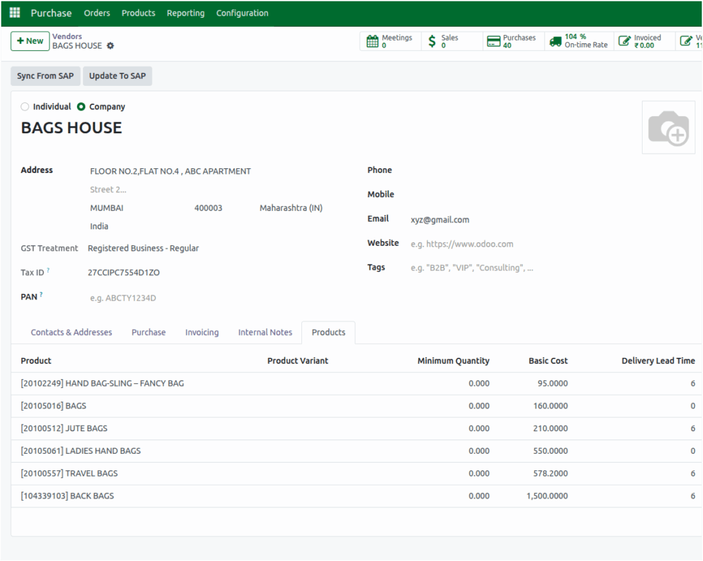 Odoo Purchase Vendors Products tab