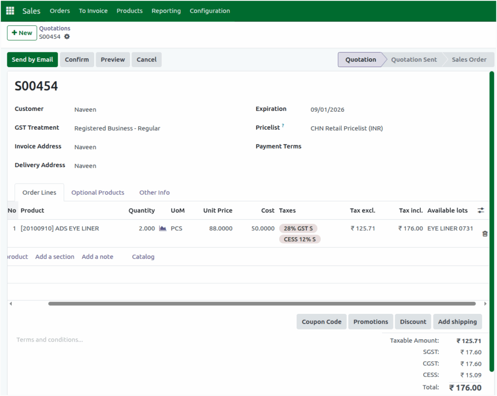 Odoo Sales Sales Order Cess Tax