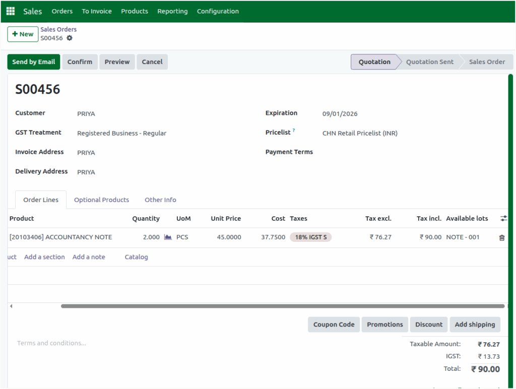 Odoo Sales Sales Order Inter State Tax