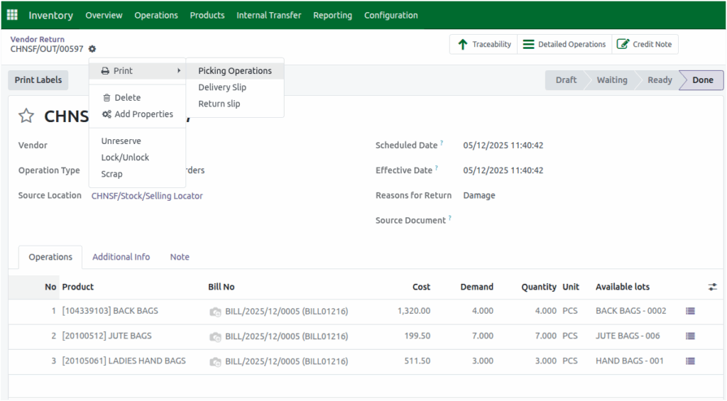 Odoo Vendor Return Print Picking Operation Print Option