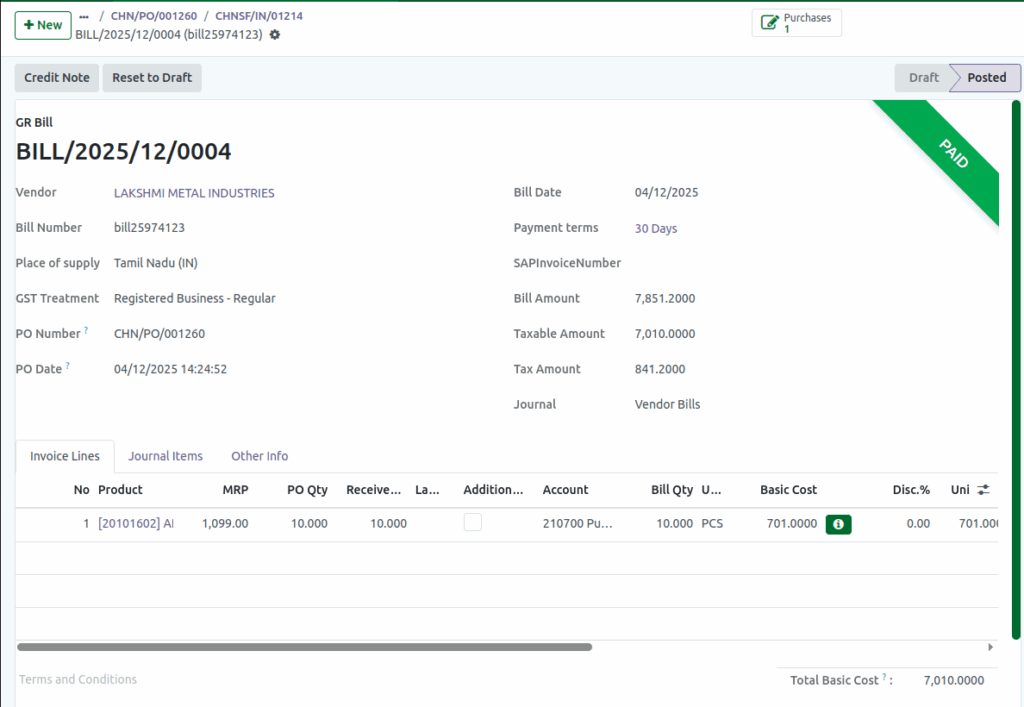 Odoo GR Bill Afterpayment