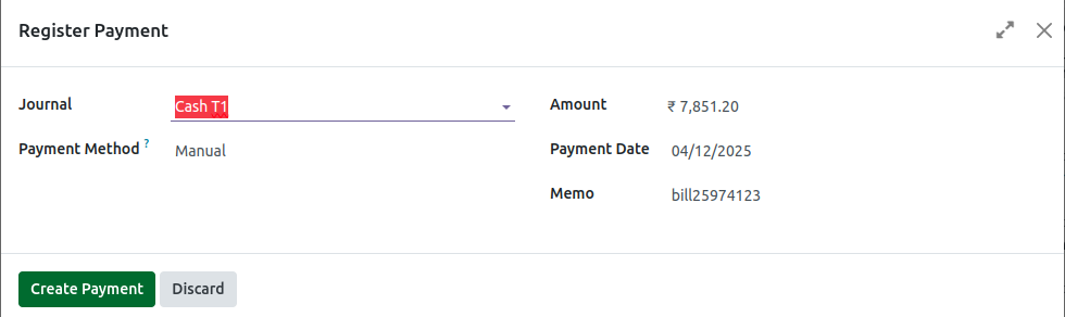 Odoo GR Bill payment popup