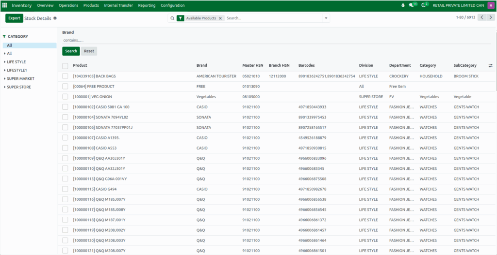 Odoo Inventory Stock Details Report Filters