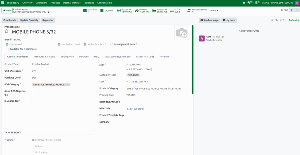 Odoo Inventory Traceability Unique Serial Number