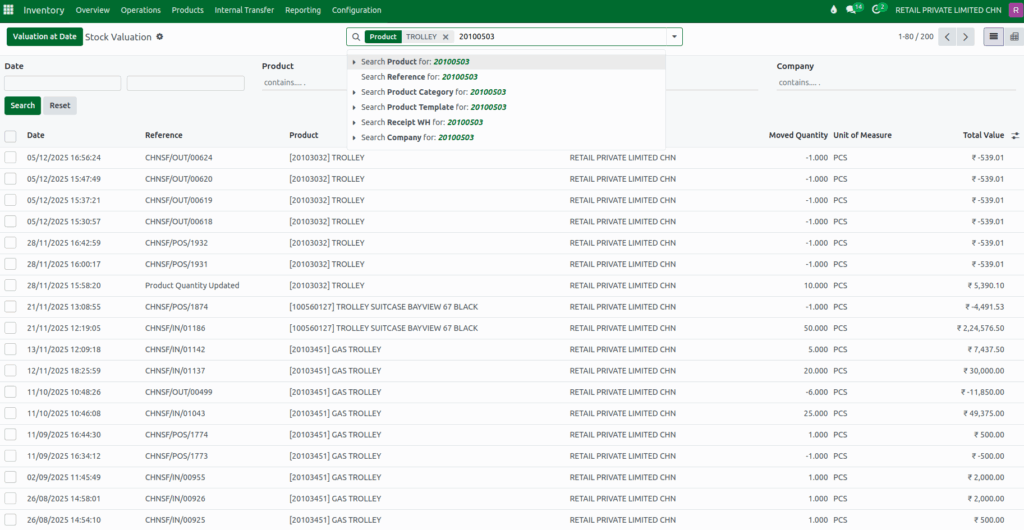 Odoo Inventory Valuation Report Search