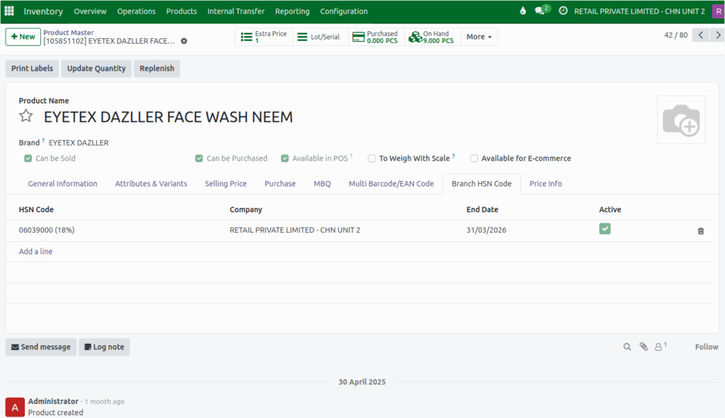 Odoo Masters Branch HSN Date