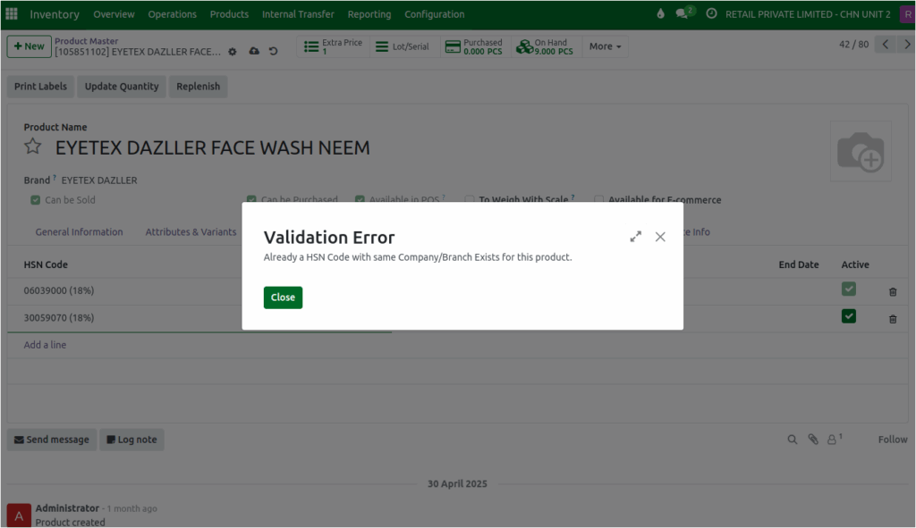 Odoo Masters Branch HSN Validation