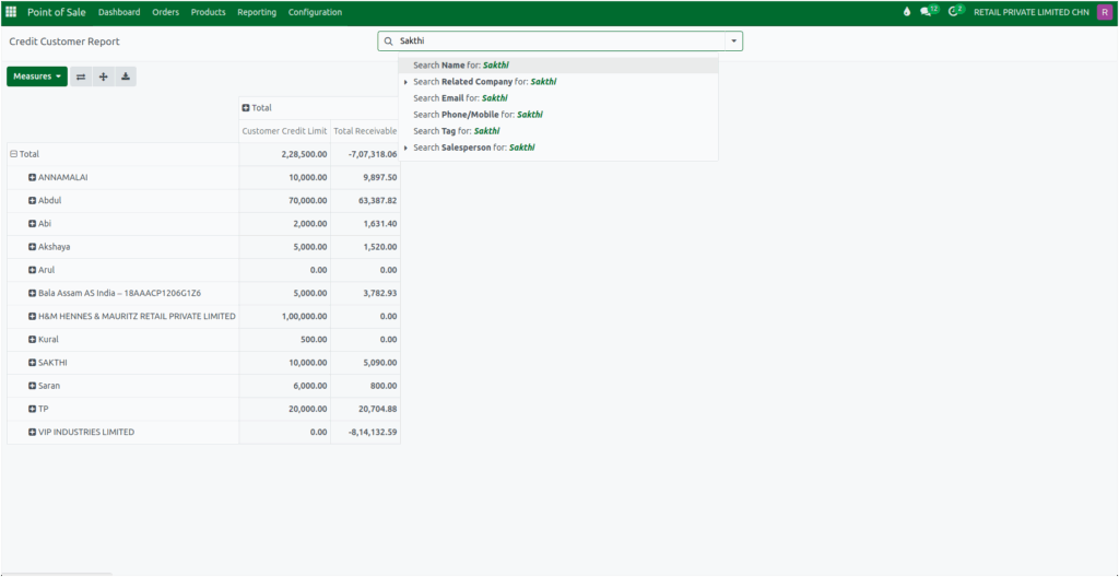 Odoo POS Credit Customer Report Search