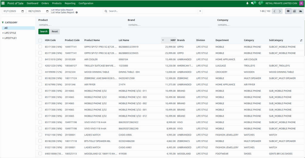 Odoo POS Lot Wise Sales Report Date Range