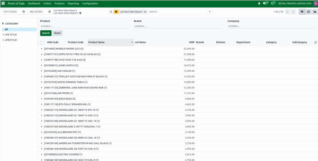 Odoo POS Lot Wise Sales Report Favorites