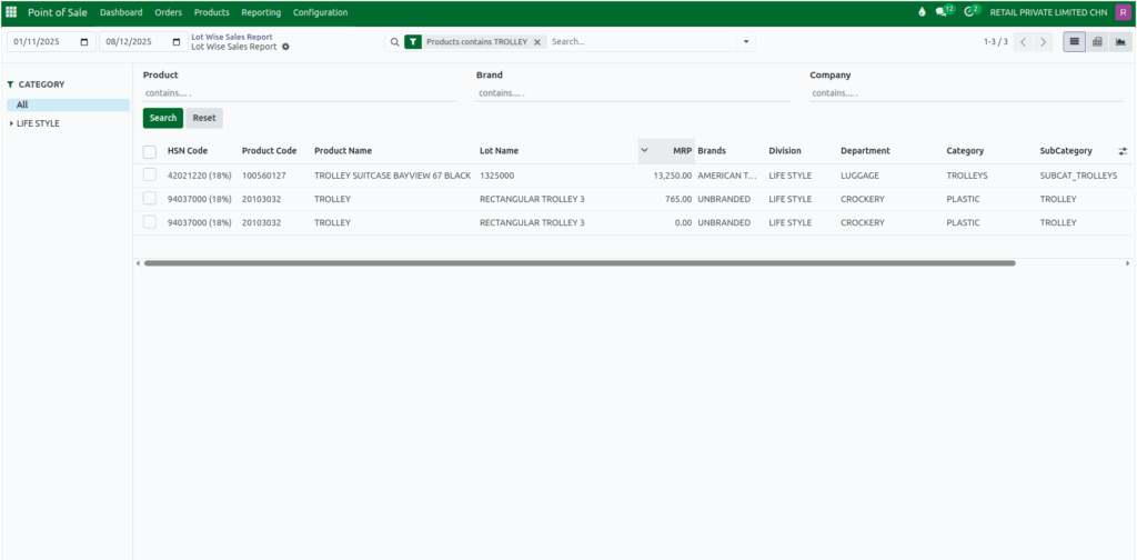 Odoo POS Lot Wise Sales Report Quick Search