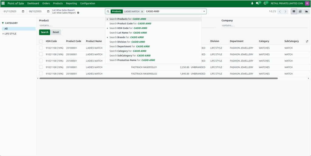 Odoo POS Lot Wise Sales Report Search Bar